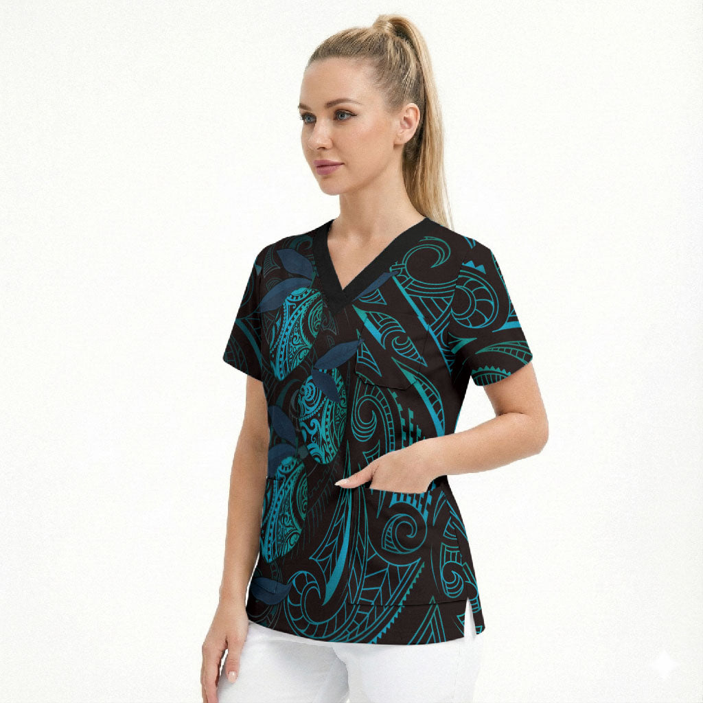 Hawaiian Mango Tribal Tattoo Scrub Top Teal Pacific Traditional Pattern LT9 - Polynesian Pride