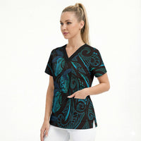 Hawaiian Mango Tribal Tattoo Scrub Top Teal Pacific Traditional Pattern LT9 - Polynesian Pride
