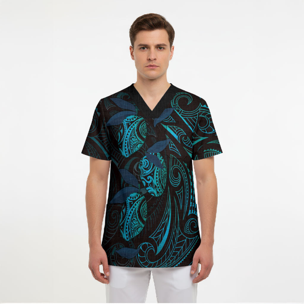 Hawaiian Mango Tribal Tattoo Scrub Top Teal Pacific Traditional Pattern LT9 - Polynesian Pride
