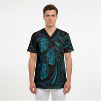 Hawaiian Mango Tribal Tattoo Scrub Top Teal Pacific Traditional Pattern LT9 - Polynesian Pride