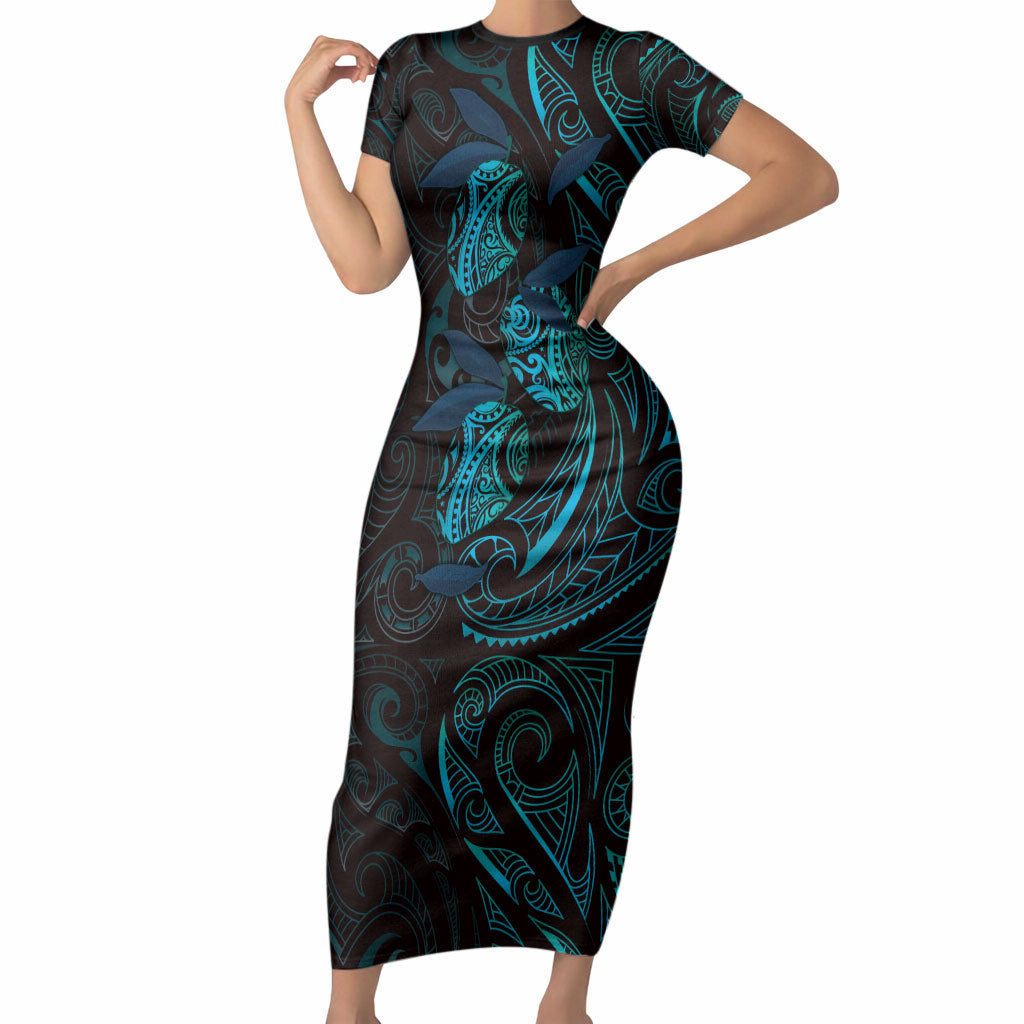 Hawaiian Mango Tribal Tattoo Short Sleeve Bodycon Dress Teal Pacific Traditional Pattern LT9 Long Dress Teal - Polynesian Pride