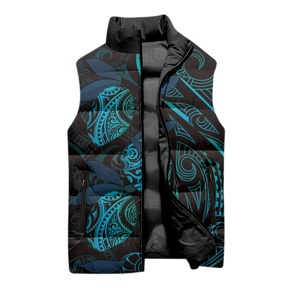 Hawaiian Mango Tribal Tattoo Sleeveless Puffer Jacket Teal Pacific Traditional Pattern LT9 - Polynesian Pride