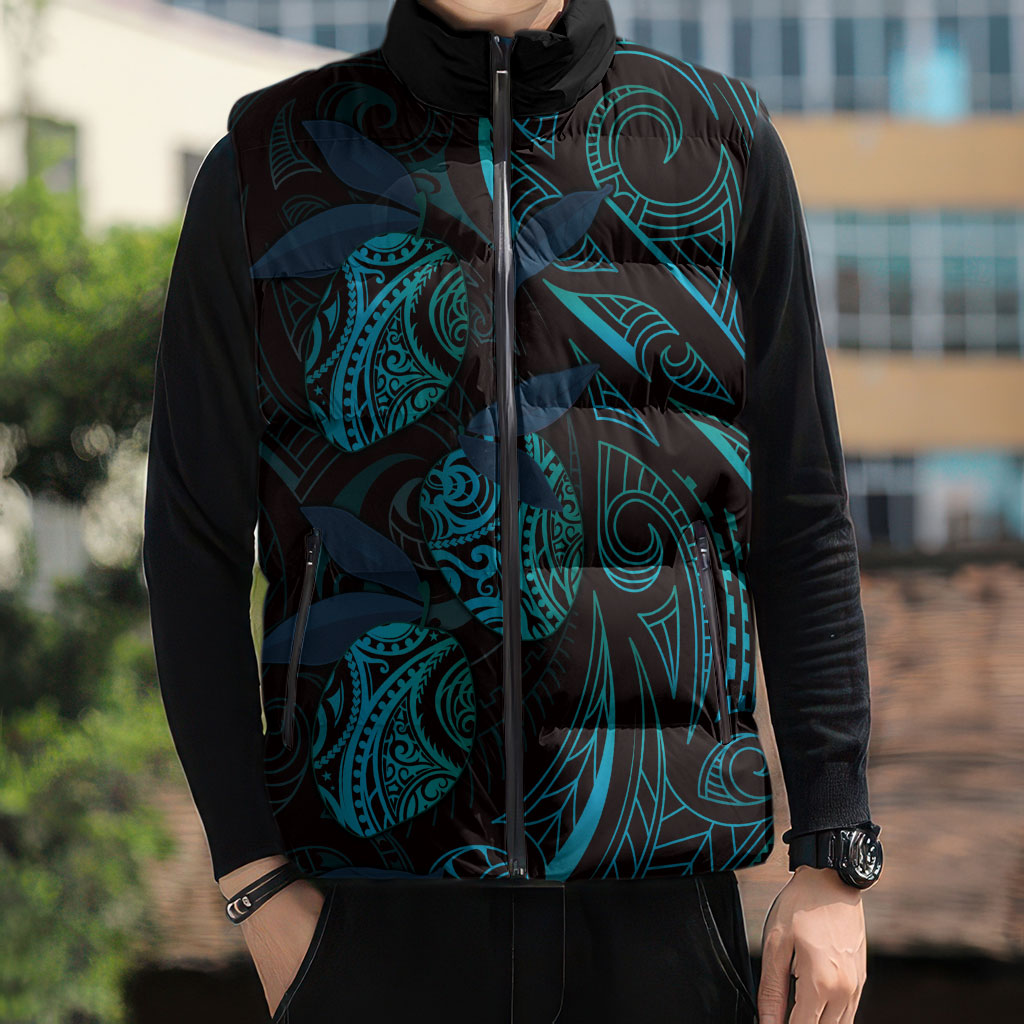 Hawaiian Mango Tribal Tattoo Sleeveless Puffer Jacket Teal Pacific Traditional Pattern LT9 - Polynesian Pride