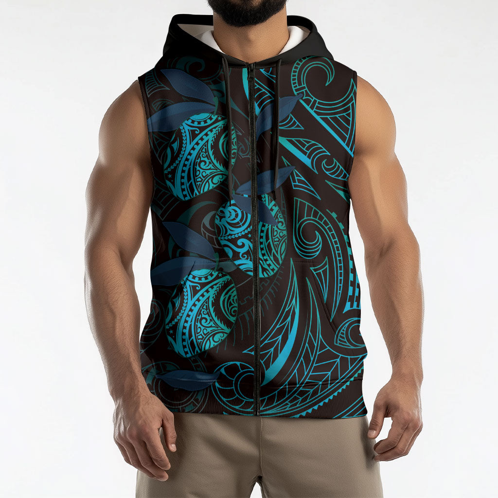 Hawaiian Mango Tribal Tattoo Sleeveless Zip Hoodie Teal Pacific Traditional Pattern LT9 - Polynesian Pride