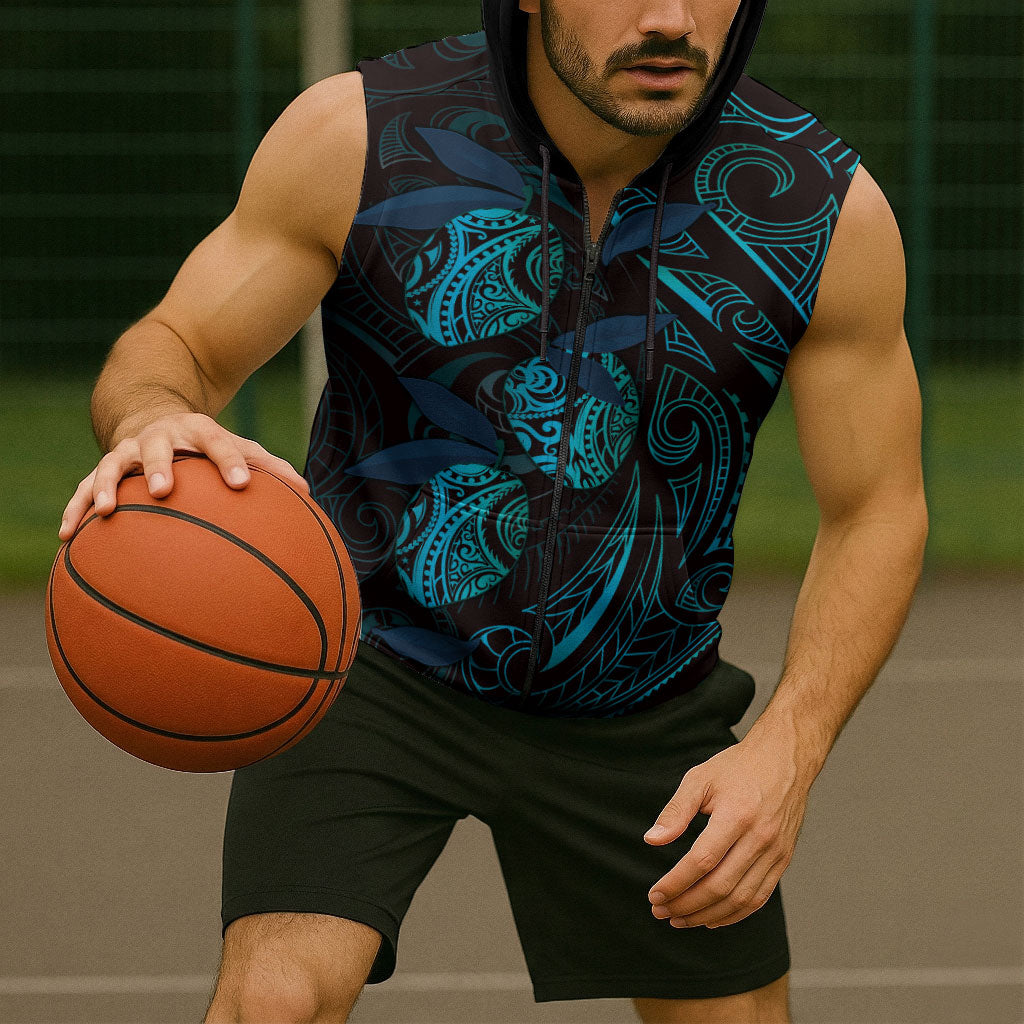 Hawaiian Mango Tribal Tattoo Sleeveless Zip Hoodie Teal Pacific Traditional Pattern LT9 - Polynesian Pride