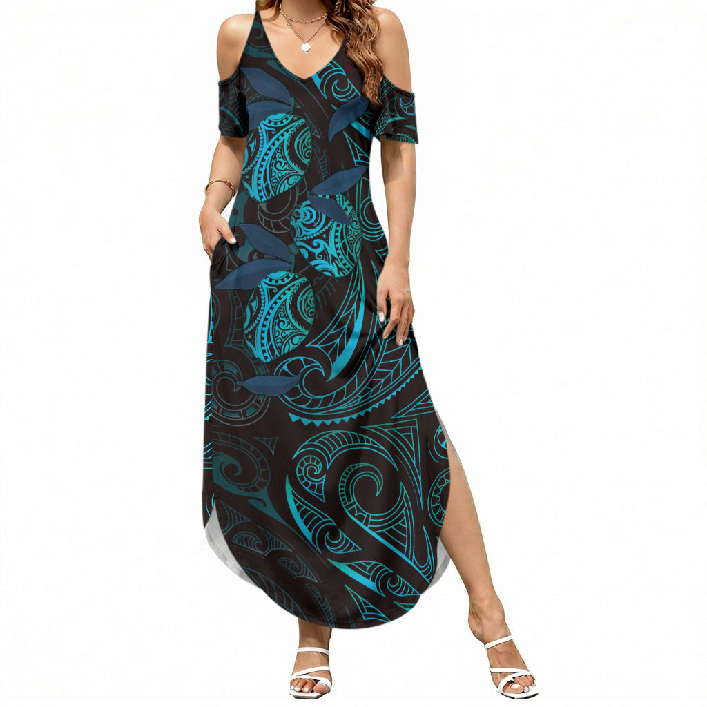 Hawaiian Mango Tribal Tattoo Summer Maxi Dress Teal Pacific Traditional Pattern LT9 Women Teal - Polynesian Pride