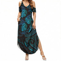Hawaiian Mango Tribal Tattoo Summer Maxi Dress Teal Pacific Traditional Pattern LT9 Women Teal - Polynesian Pride