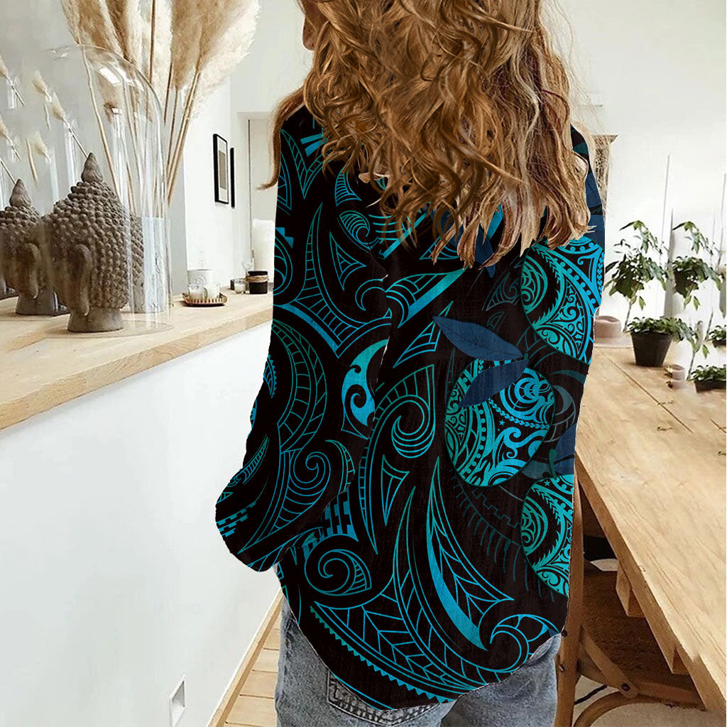 Hawaiian Mango Tribal Tattoo Women Casual Shirt Teal Pacific Traditional Pattern LT9 - Polynesian Pride