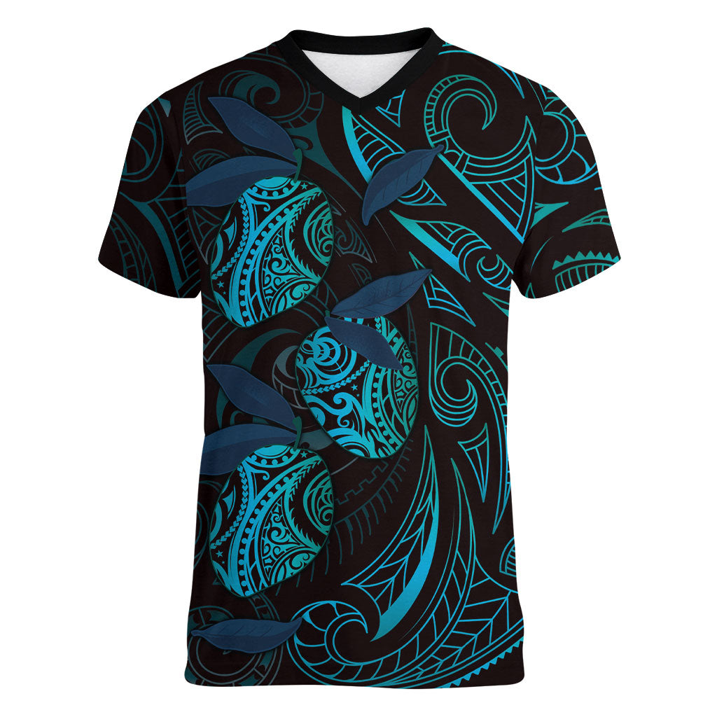 Hawaiian Mango Tribal Tattoo Women V-Neck T-Shirt Teal Pacific Traditional Pattern LT9 Female Teal - Polynesian Pride