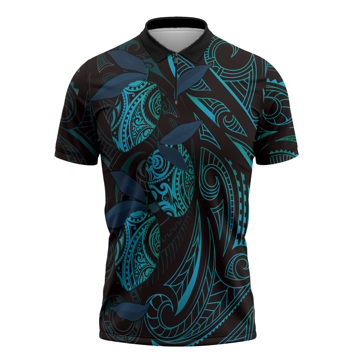 Hawaiian Mango Tribal Tattoo Zipper Polo Shirt Teal Pacific Traditional Pattern LT9 Teal - Polynesian Pride