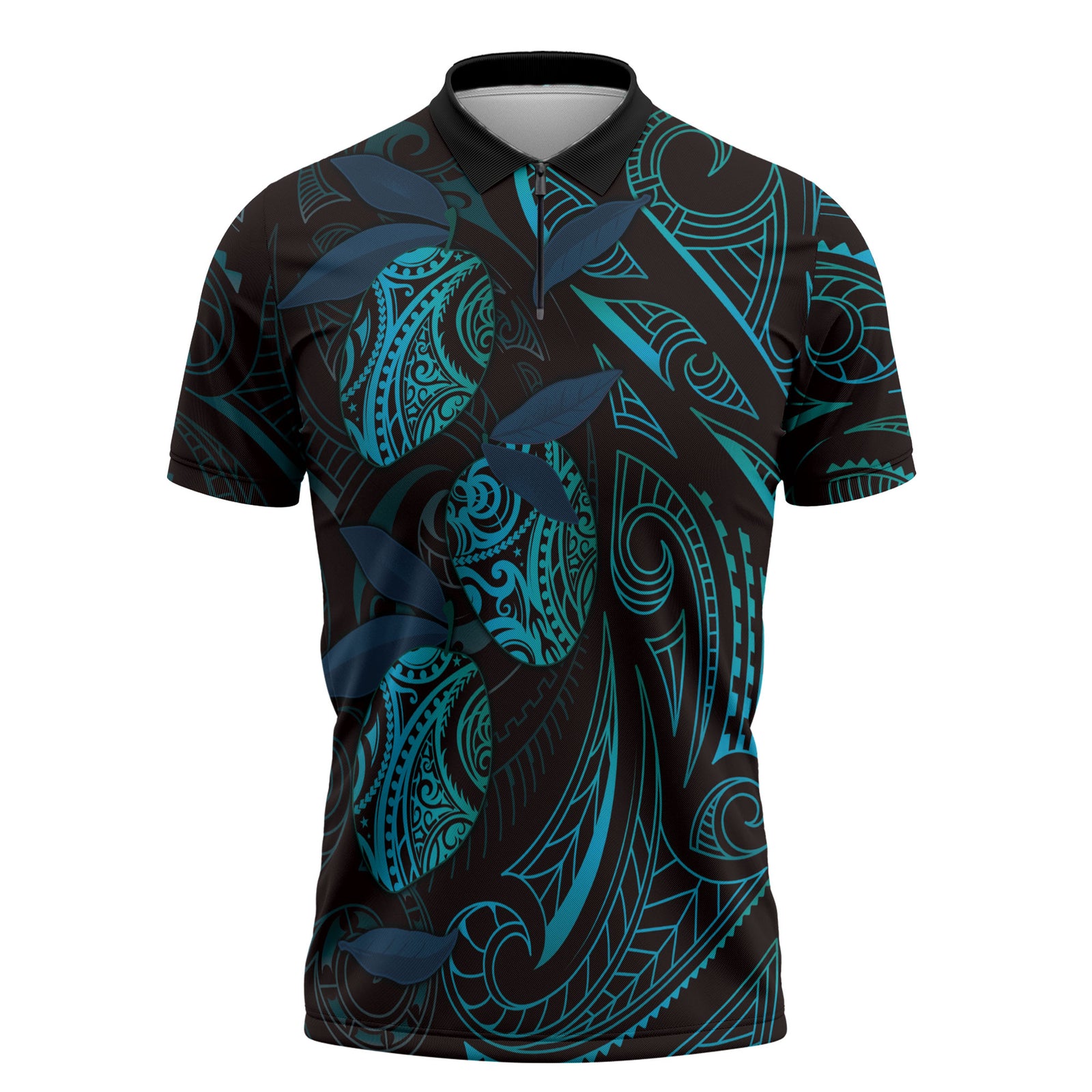 Hawaiian Mango Tribal Tattoo Zipper Polo Shirt Teal Pacific Traditional Pattern LT9 Teal - Polynesian Pride