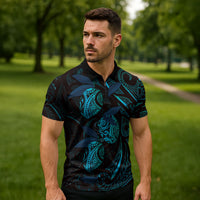 Hawaiian Mango Tribal Tattoo Zipper Polo Shirt Teal Pacific Traditional Pattern LT9 - Polynesian Pride