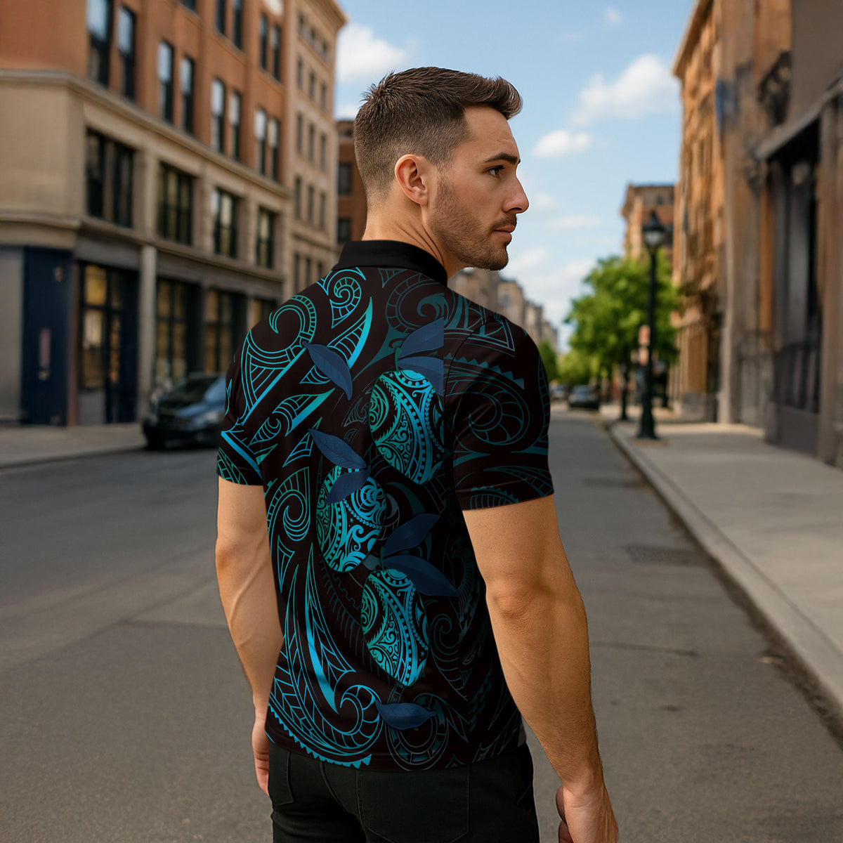 Hawaiian Mango Tribal Tattoo Zipper Polo Shirt Teal Pacific Traditional Pattern LT9 - Polynesian Pride
