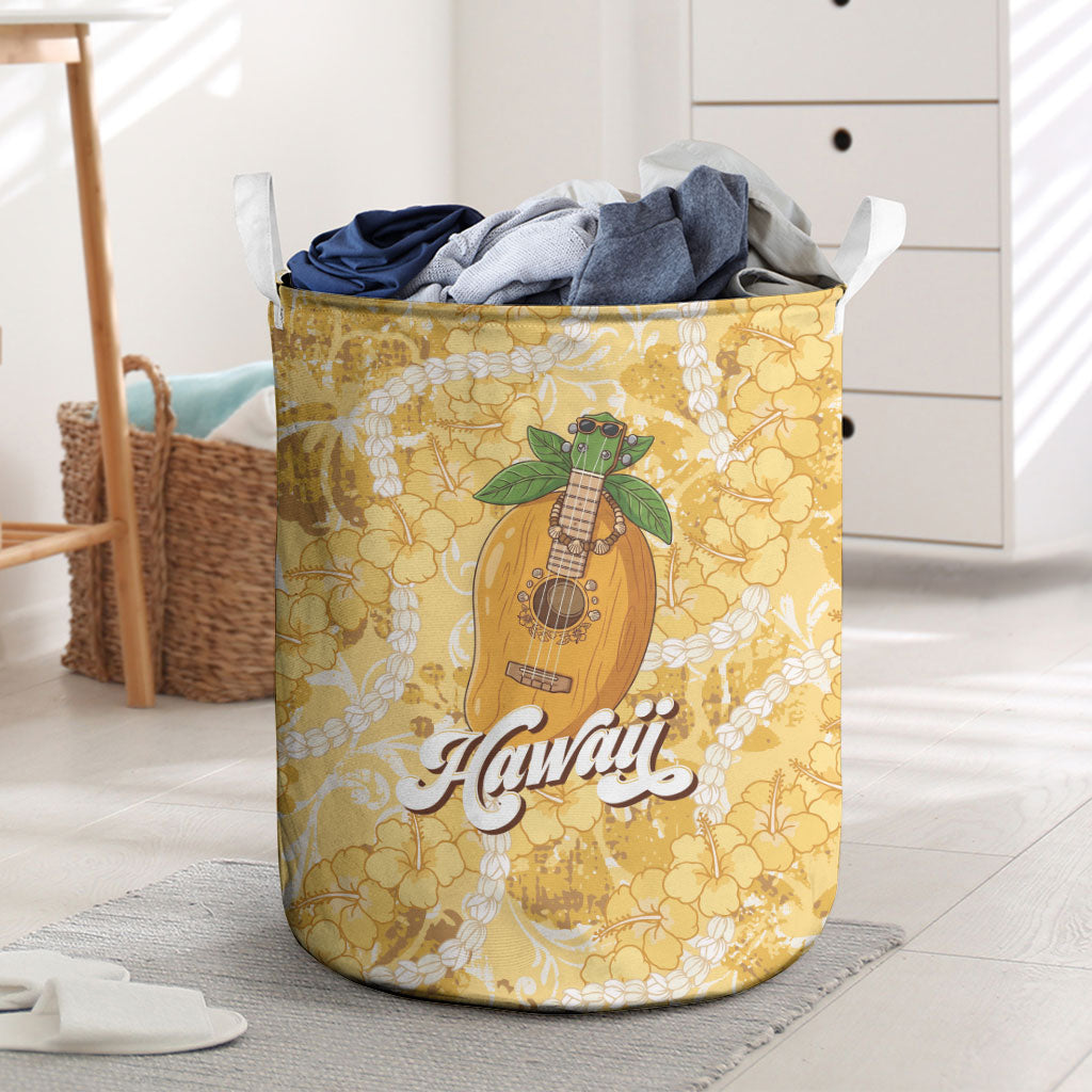 Hawaiian Mango Ukulele Laundry Basket Retro Yellow Hibiscus Pikake Lei LT9 Yellow - Polynesian Pride