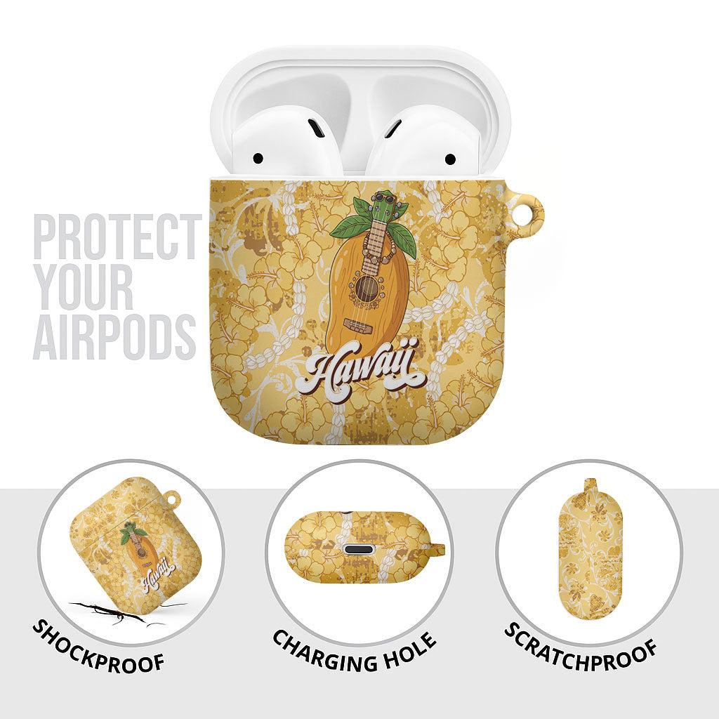 Hawaiian Mango Ukulele AirPods Case Retro Yellow Hibiscus Pikake Lei LT9 - Polynesian Pride