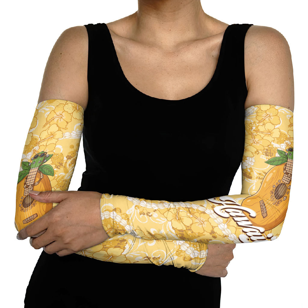 Hawaiian Mango Ukulele Arm Sleeves Retro Yellow Hibiscus Pikake Lei LT9 - Polynesian Pride