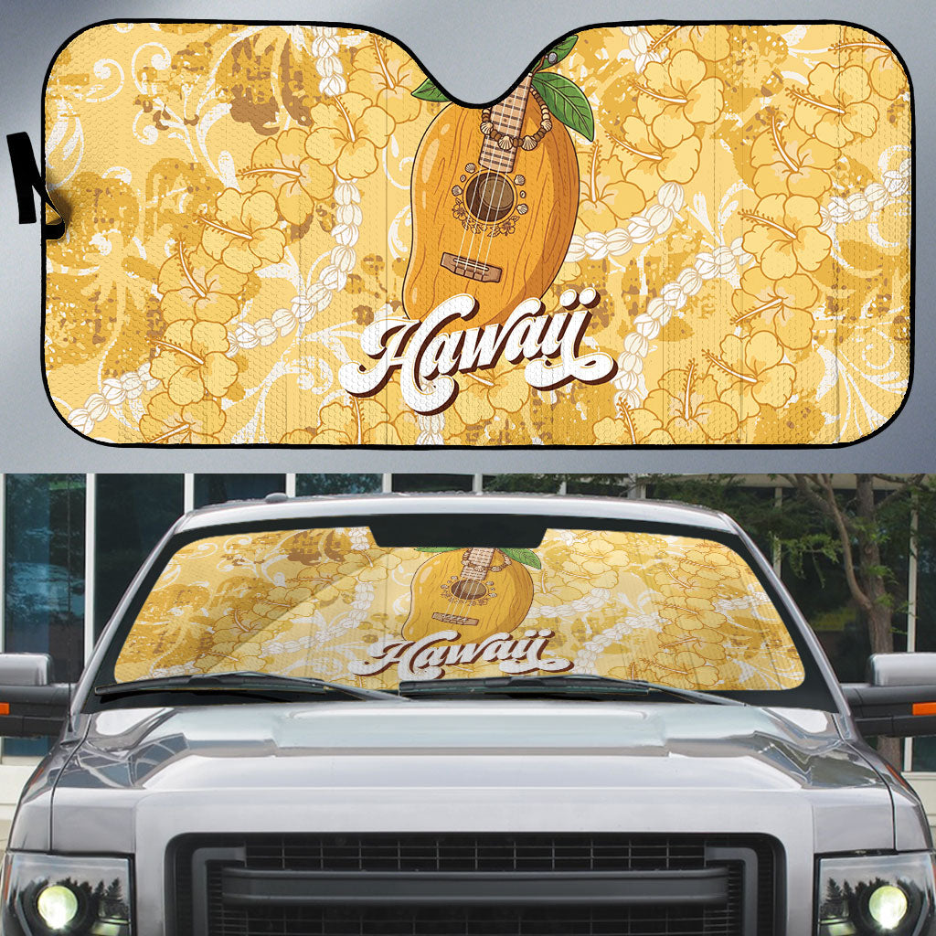 Hawaiian Mango Ukulele Auto Sun Shade Retro Yellow Hibiscus Pikake Lei LT9 Yellow - Polynesian Pride