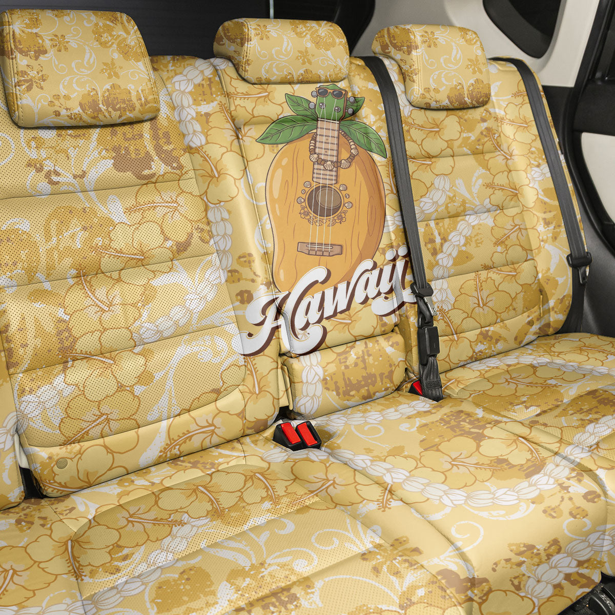 Hawaiian Mango Ukulele Back Car Seat Cover Retro Yellow Hibiscus Pikake Lei LT9 - Polynesian Pride