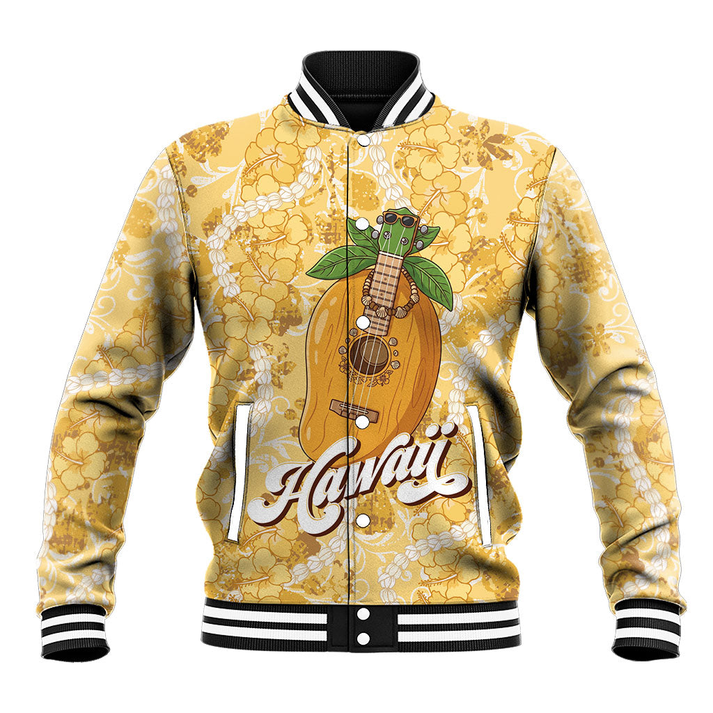 Hawaiian Mango Ukulele Baseball Jacket Retro Yellow Hibiscus Pikake Lei LT9 Unisex Yellow - Polynesian Pride