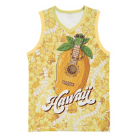 Hawaiian Mango Ukulele Basketball Jersey Retro Yellow Hibiscus Pikake Lei LT9 Unisex Yellow - Polynesian Pride