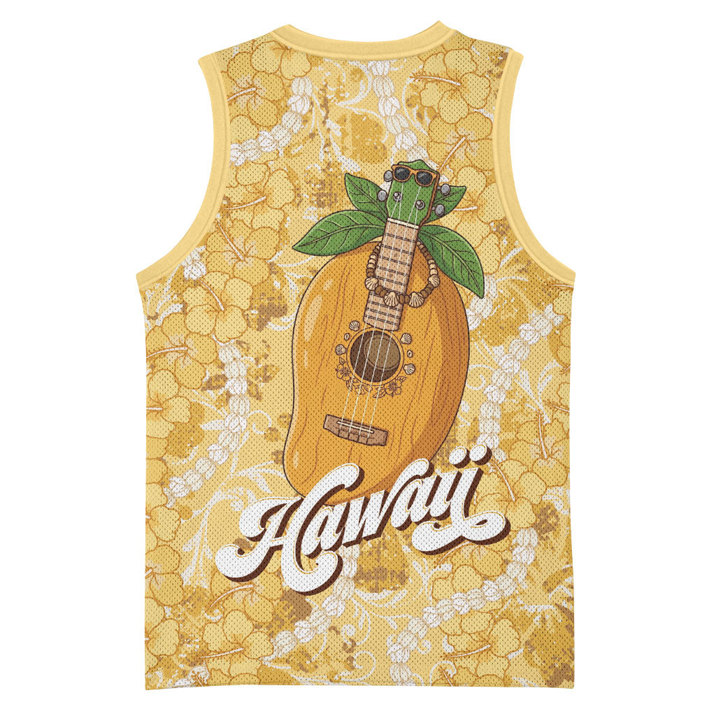 Hawaiian Mango Ukulele Basketball Jersey Retro Yellow Hibiscus Pikake Lei LT9 - Polynesian Pride