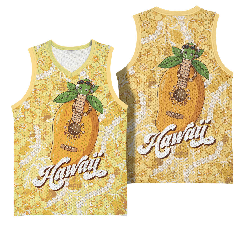 Hawaiian Mango Ukulele Basketball Jersey Retro Yellow Hibiscus Pikake Lei LT9 - Polynesian Pride