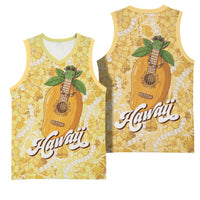 Hawaiian Mango Ukulele Basketball Jersey Retro Yellow Hibiscus Pikake Lei LT9 - Polynesian Pride