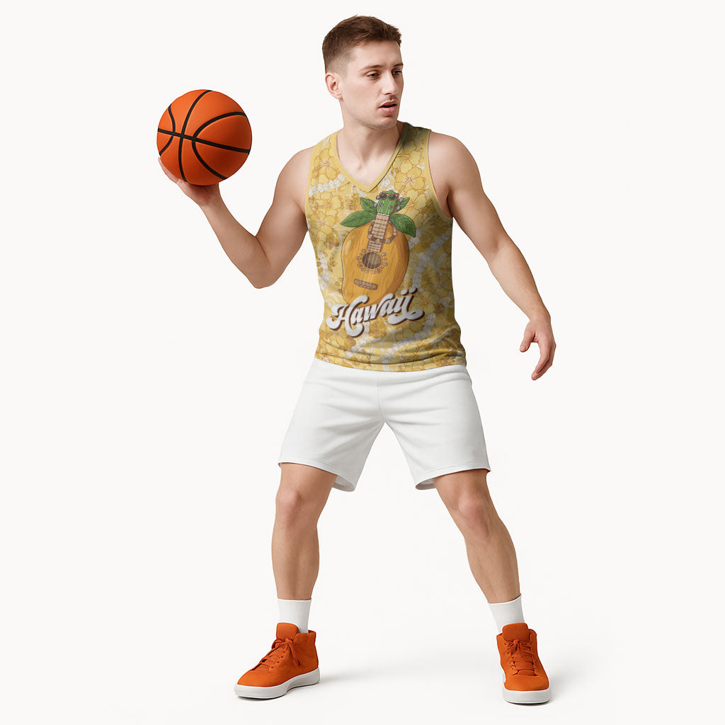 Hawaiian Mango Ukulele Basketball Jersey Retro Yellow Hibiscus Pikake Lei LT9 - Polynesian Pride