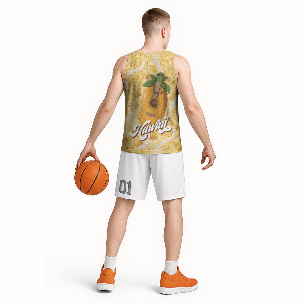 Hawaiian Mango Ukulele Basketball Jersey Retro Yellow Hibiscus Pikake Lei LT9 - Polynesian Pride