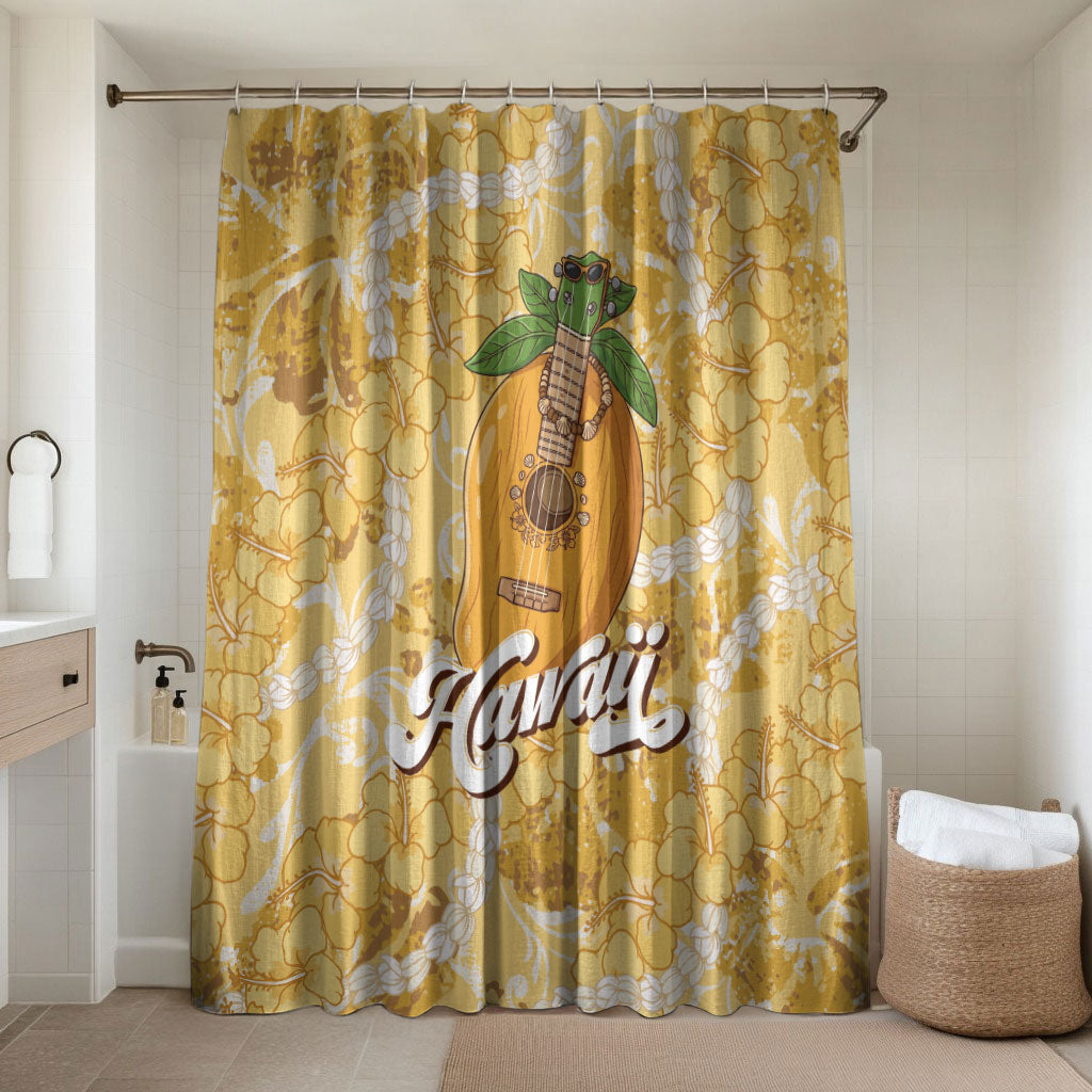 Hawaiian Mango Ukulele Bathroom Set Retro Yellow Hibiscus Pikake Lei LT9 Shower Curtain Only Yellow - Polynesian Pride