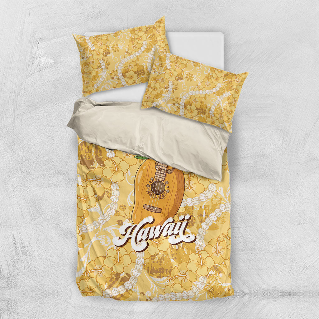 Hawaiian Mango Ukulele Bedding Set Retro Yellow Hibiscus Pikake Lei LT9 US Twin 172cm x 218cm Yellow - Polynesian Pride