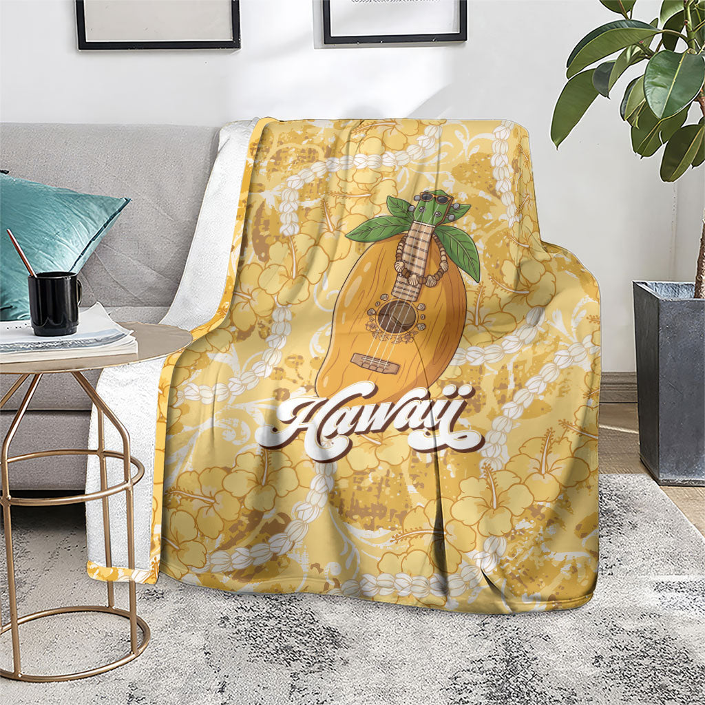 Hawaiian Mango Ukulele Blanket Retro Yellow Hibiscus Pikake Lei LT9 - Polynesian Pride