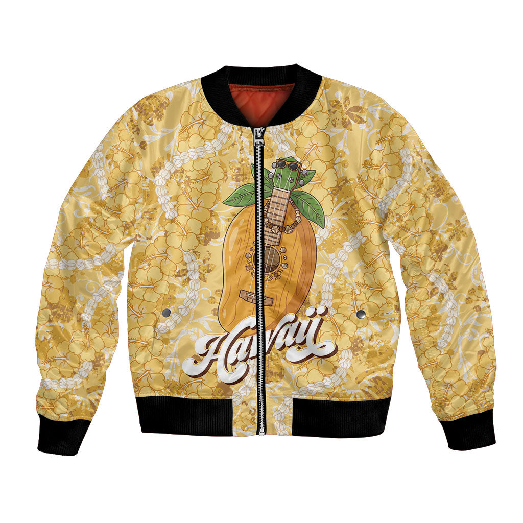 Hawaiian Mango Ukulele Bomber Jacket Retro Yellow Hibiscus Pikake Lei LT9 Unisex Yellow - Polynesian Pride