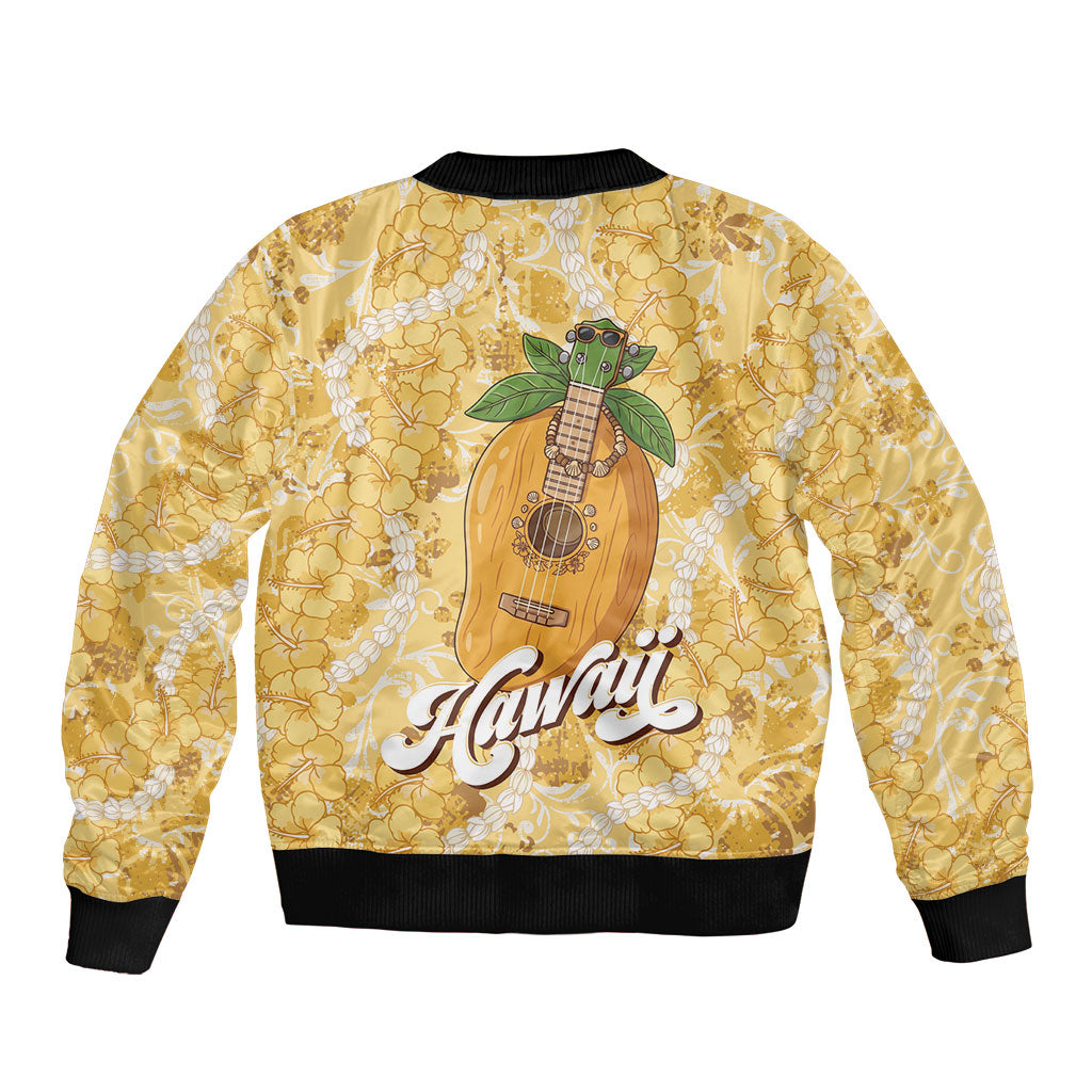 Hawaiian Mango Ukulele Bomber Jacket Retro Yellow Hibiscus Pikake Lei LT9 - Polynesian Pride