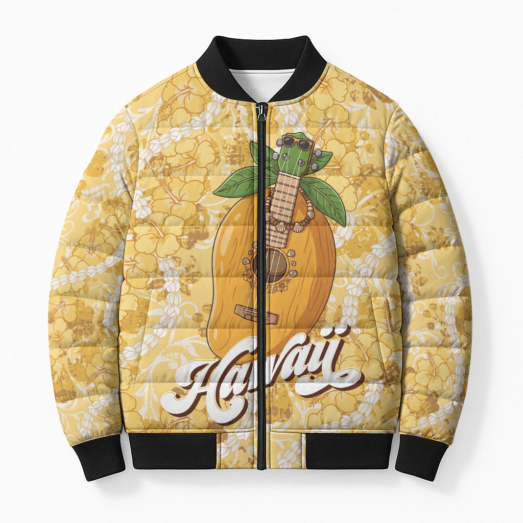 Hawaiian Mango Ukulele Bomber Puffer Jacket Retro Yellow Hibiscus Pikake Lei LT9 Unisex Yellow - Polynesian Pride