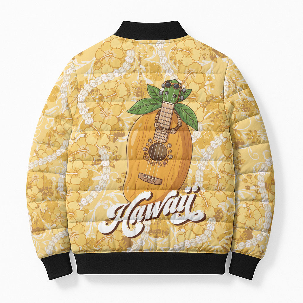 Hawaiian Mango Ukulele Bomber Puffer Jacket Retro Yellow Hibiscus Pikake Lei LT9 - Polynesian Pride