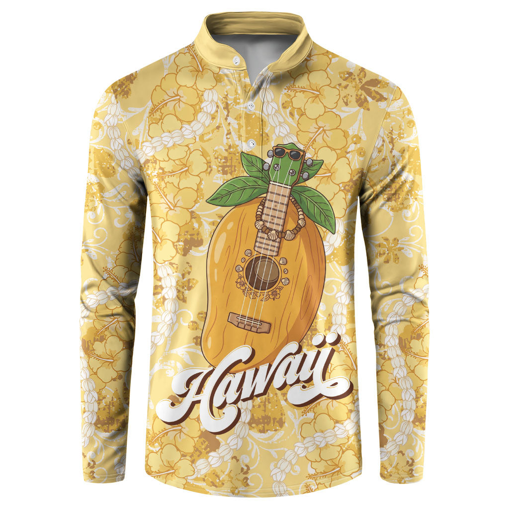 Hawaiian Mango Ukulele Button Sweatshirt Retro Yellow Hibiscus Pikake Lei LT9 Yellow - Polynesian Pride