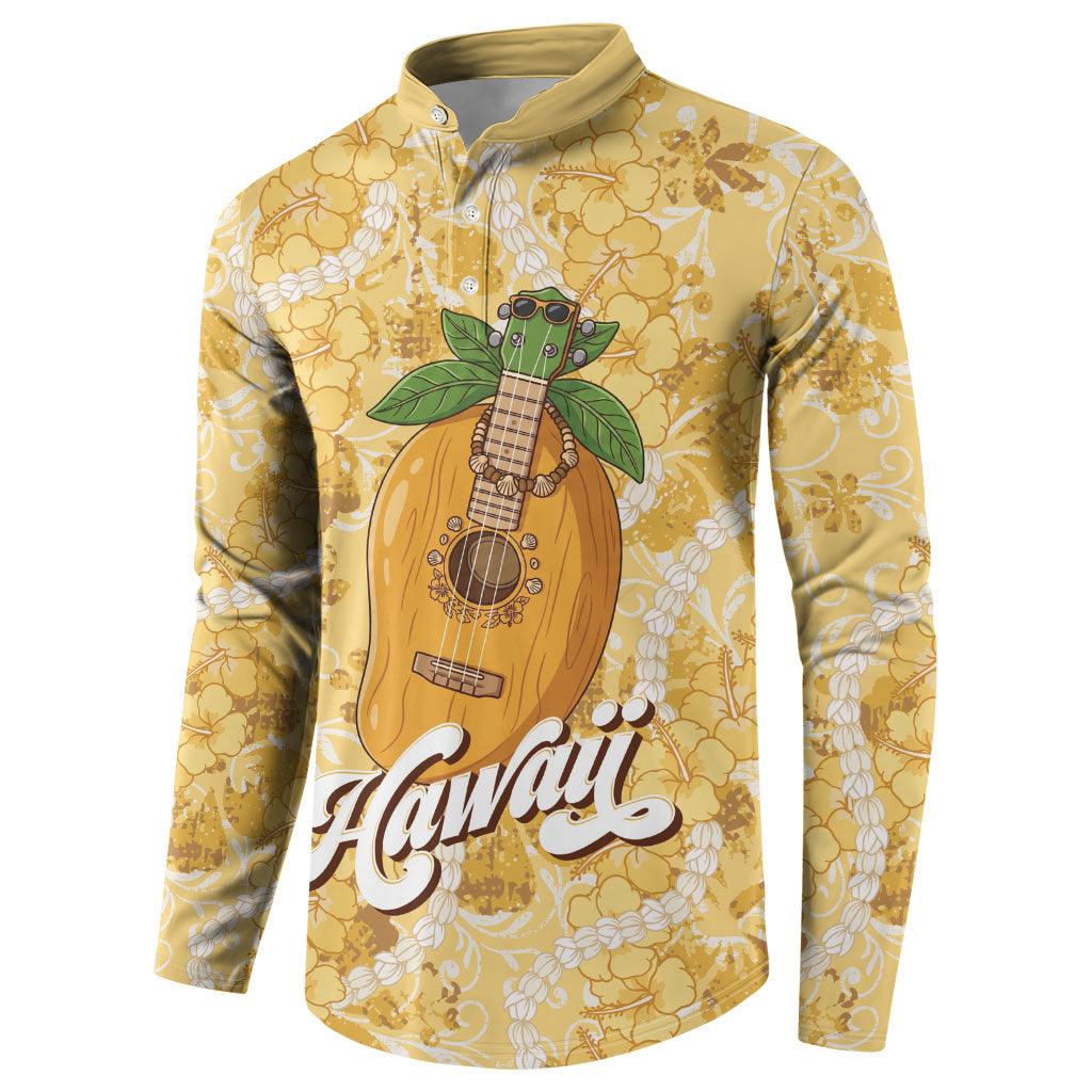 Hawaiian Mango Ukulele Button Sweatshirt Retro Yellow Hibiscus Pikake Lei LT9 - Polynesian Pride