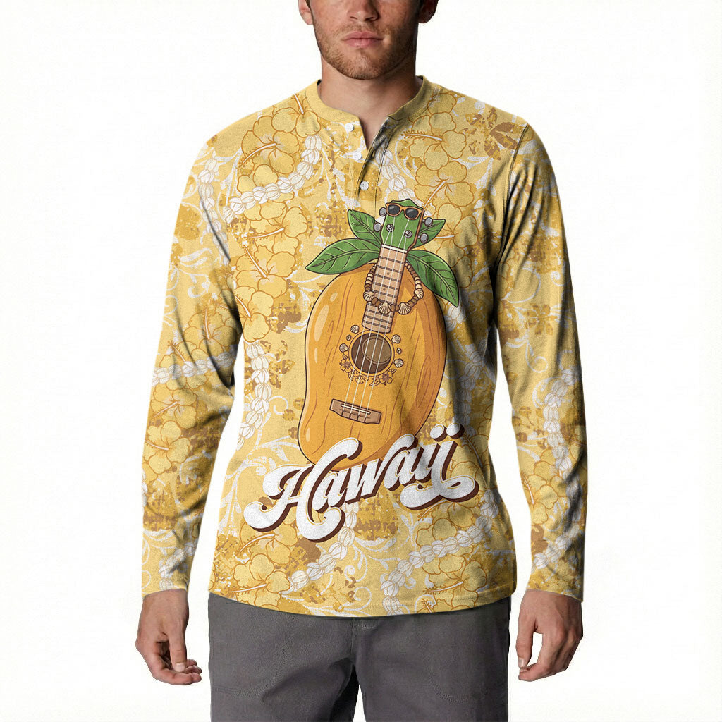 Hawaiian Mango Ukulele Button Sweatshirt Retro Yellow Hibiscus Pikake Lei LT9 - Polynesian Pride
