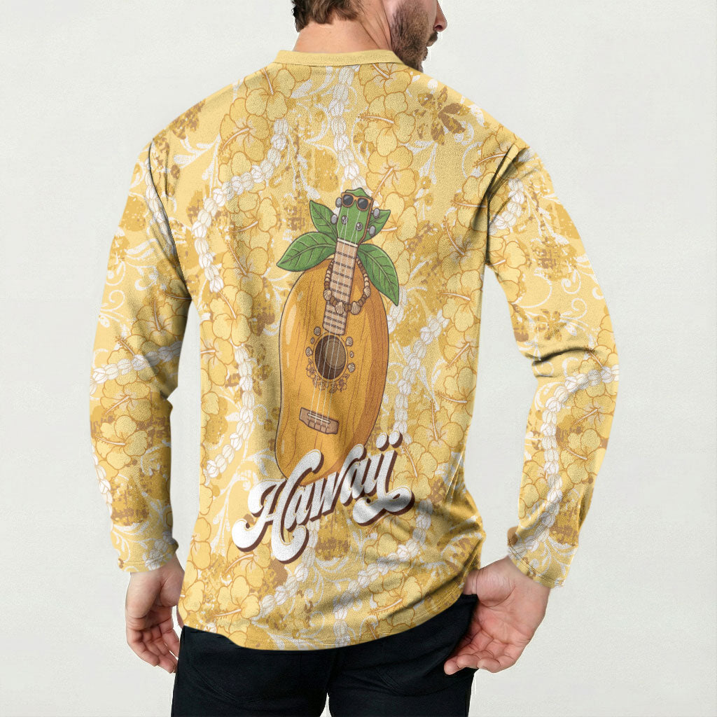 Hawaiian Mango Ukulele Button Sweatshirt Retro Yellow Hibiscus Pikake Lei LT9 - Polynesian Pride