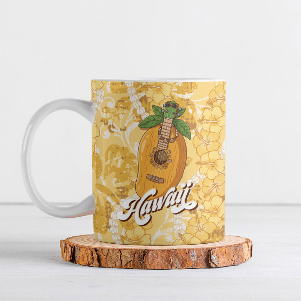 Hawaiian Mango Ukulele Ceramic Mug Retro Yellow Hibiscus Pikake Lei LT9 Yellow - Polynesian Pride
