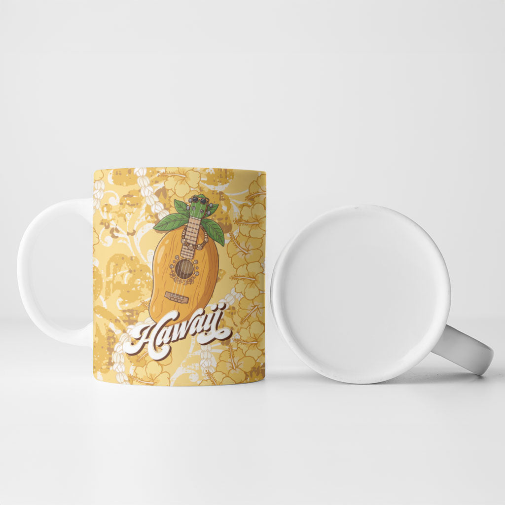 Hawaiian Mango Ukulele Ceramic Mug Retro Yellow Hibiscus Pikake Lei LT9 - Polynesian Pride