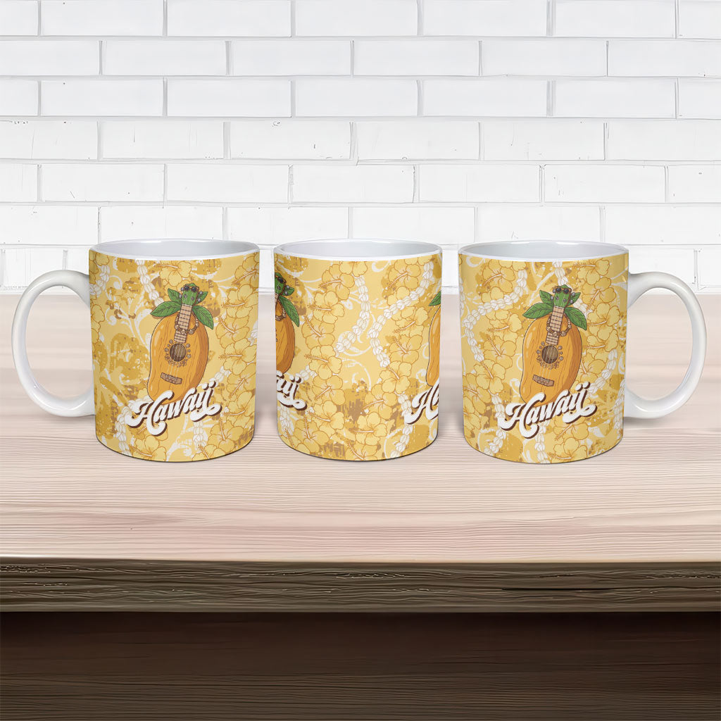 Hawaiian Mango Ukulele Ceramic Mug Retro Yellow Hibiscus Pikake Lei LT9 - Polynesian Pride