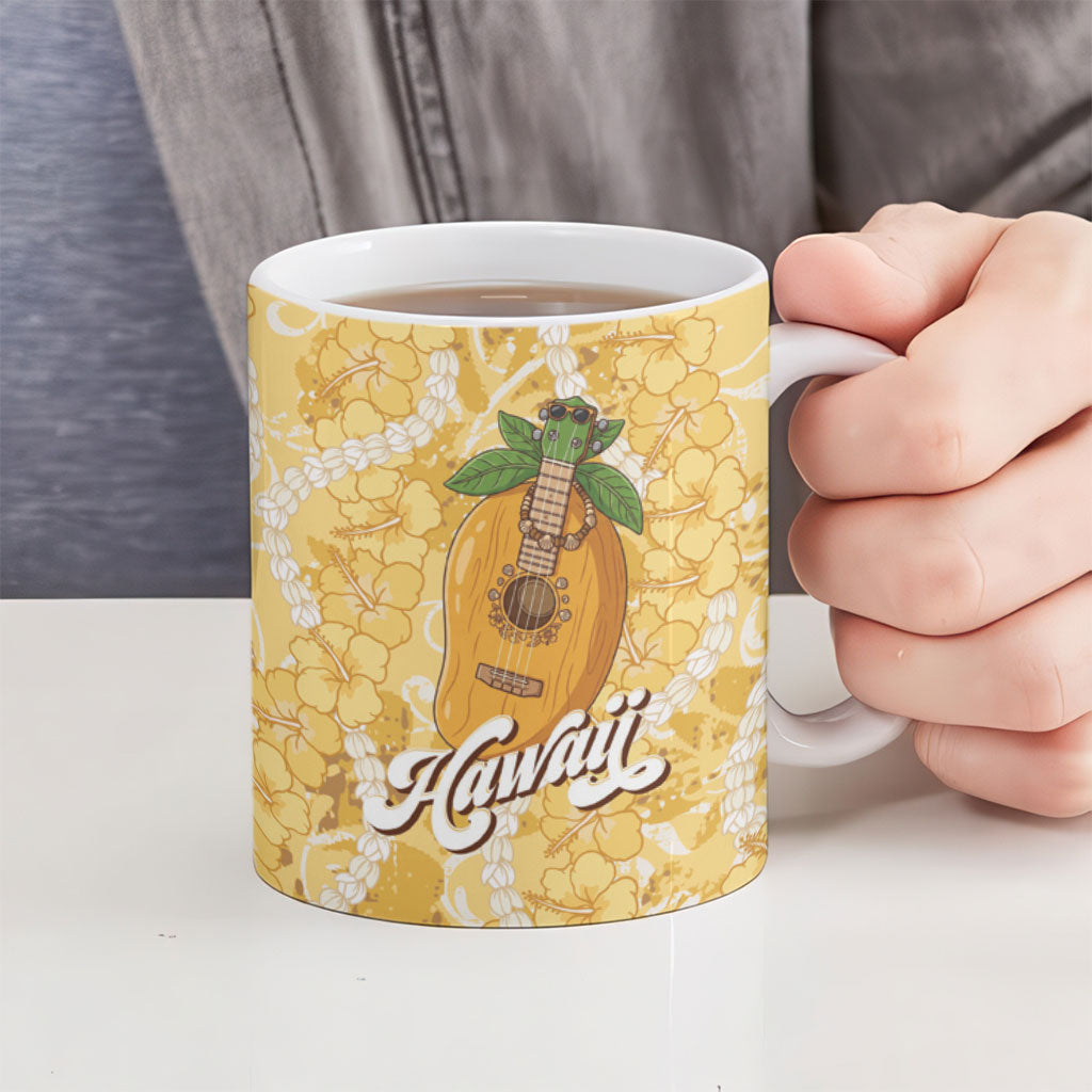 Hawaiian Mango Ukulele Ceramic Mug Retro Yellow Hibiscus Pikake Lei LT9 - Polynesian Pride