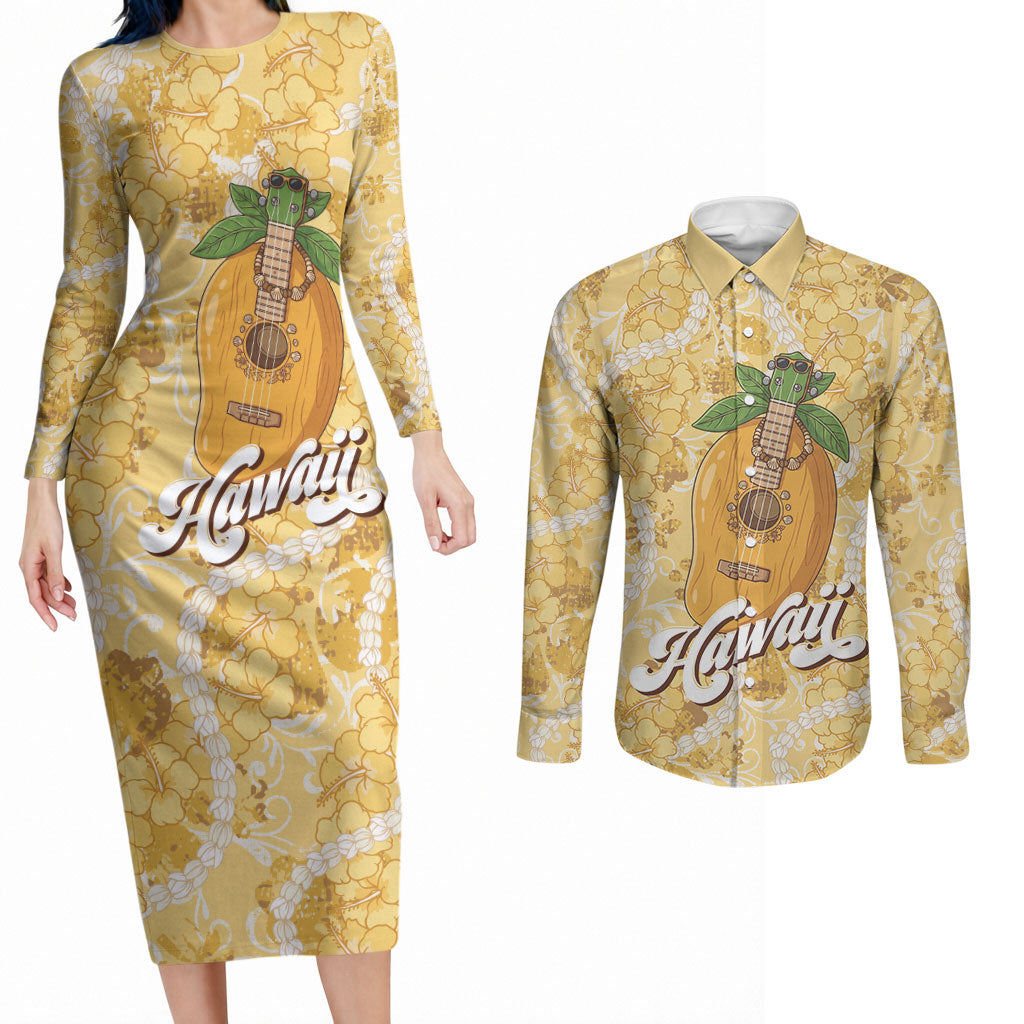 Hawaiian Mango Ukulele Couples Matching Long Sleeve Bodycon Dress and Long Sleeve Button Shirt Retro Yellow Hibiscus Pikake Lei LT9 Yellow - Polynesian Pride