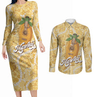 Hawaiian Mango Ukulele Couples Matching Long Sleeve Bodycon Dress and Long Sleeve Button Shirt Retro Yellow Hibiscus Pikake Lei LT9 Yellow - Polynesian Pride