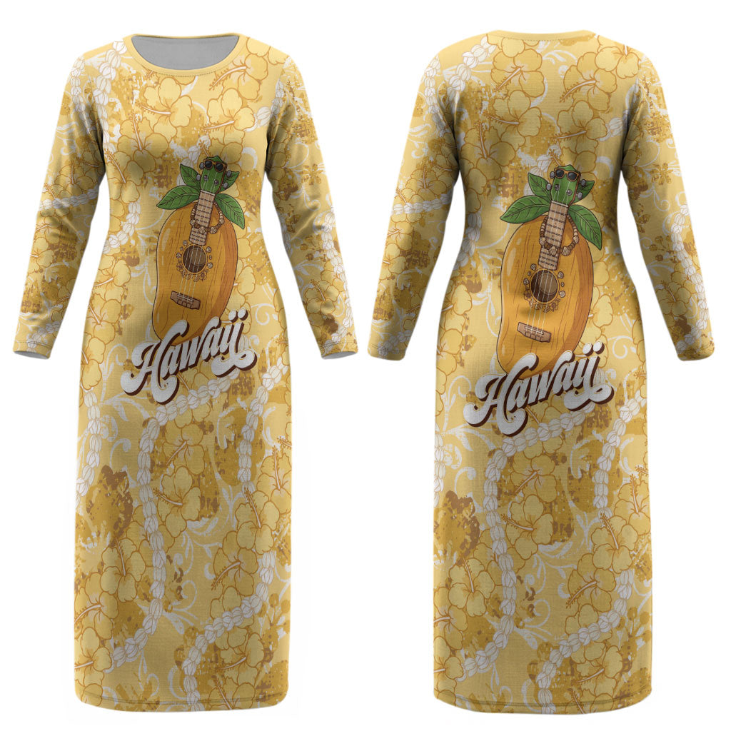 Hawaiian Mango Ukulele Couples Matching Long Sleeve Bodycon Dress and Long Sleeve Button Shirt Retro Yellow Hibiscus Pikake Lei LT9 - Polynesian Pride