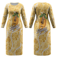 Hawaiian Mango Ukulele Couples Matching Long Sleeve Bodycon Dress and Long Sleeve Button Shirt Retro Yellow Hibiscus Pikake Lei LT9 - Polynesian Pride