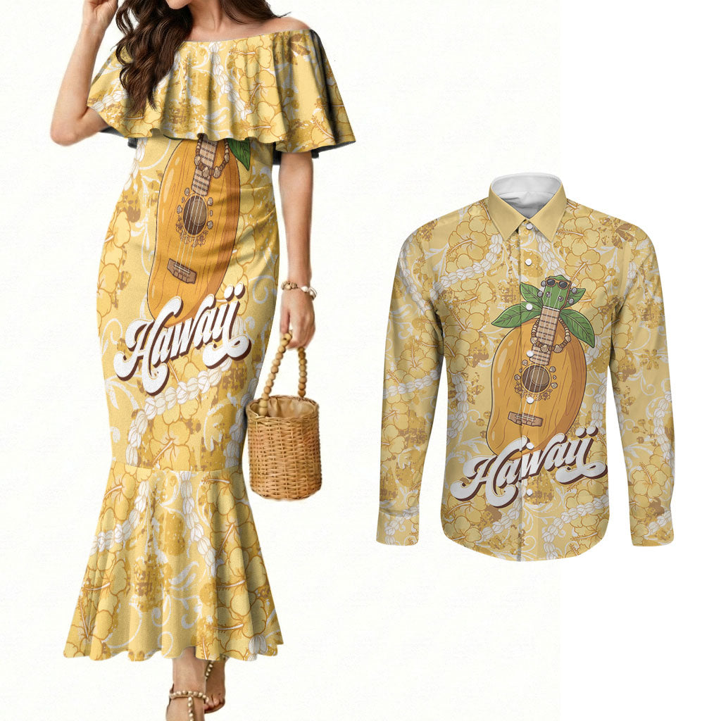 Hawaiian Mango Ukulele Couples Matching Mermaid Dress and Long Sleeve Button Shirt Retro Yellow Hibiscus Pikake Lei LT9 Yellow - Polynesian Pride