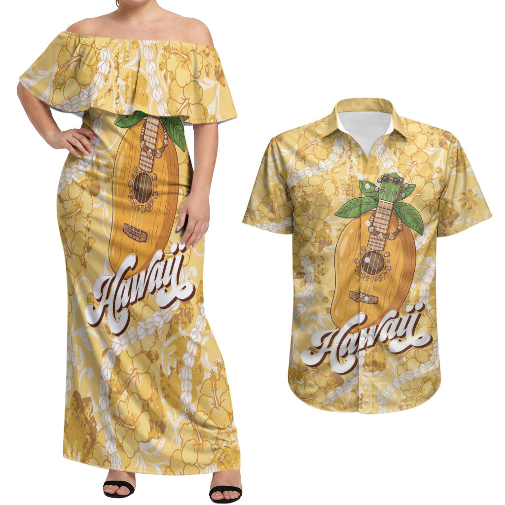 Hawaiian Mango Ukulele Couples Matching Off Shoulder Maxi Dress and Hawaiian Shirt Retro Yellow Hibiscus Pikake Lei LT9 Yellow - Polynesian Pride